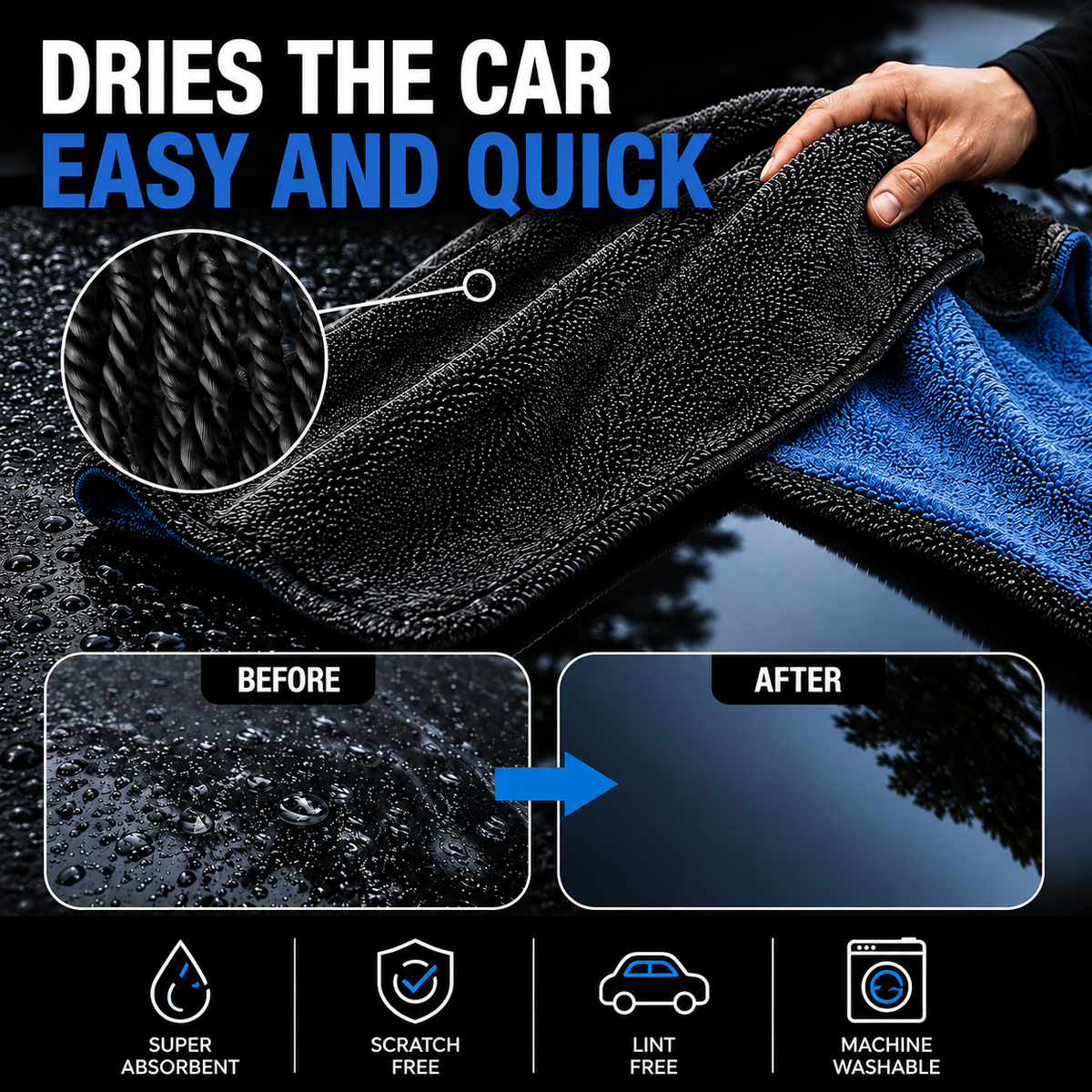 NEATLY XL Pro — 1300GSM Twisted-Loop Car Drying Towel, 36"×28", 940g Heavyweight, 6× More Absorbent, Lint-Free, Zero Water Spots (Black/Blue) - Photo 3