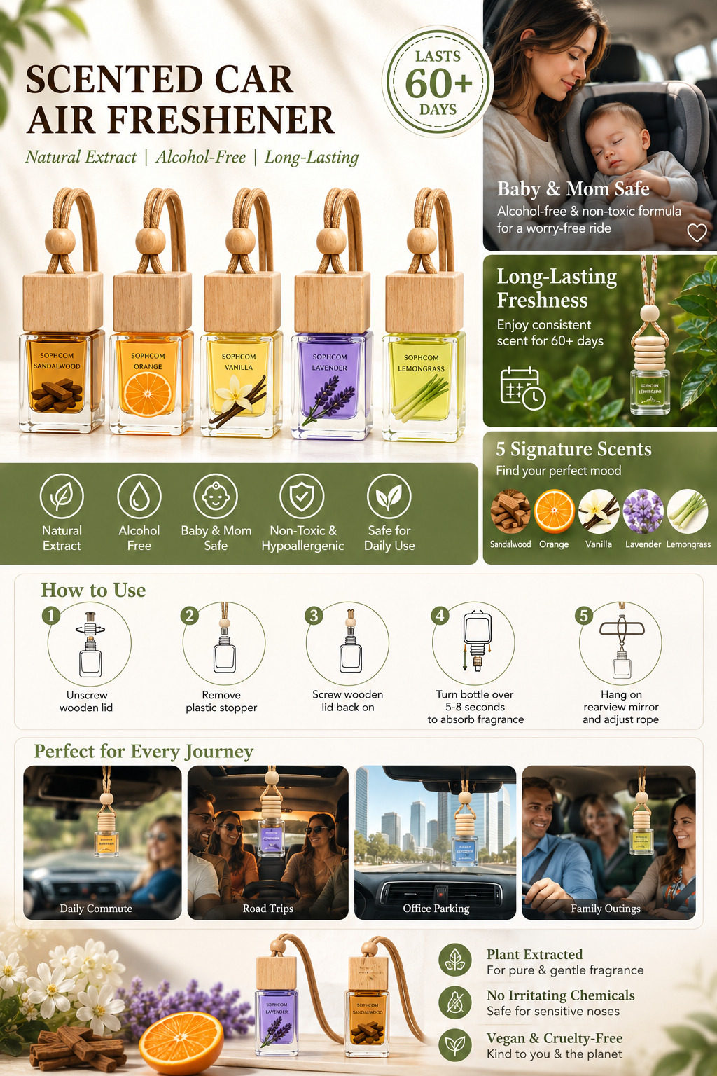 5-Pack Car Air Freshener Gift Set — 5 Signature Scents, 60+ Day Long Lasting Diffuser, Natural Extract, Alcohol-Free - Photo 3