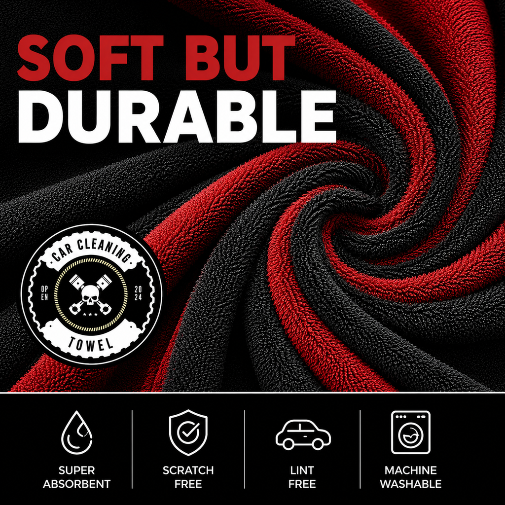 NEATLY L-Classic — 1300GSM Korean Microfiber Drying Towel, 32"×20", Edgeless Satin Border, Compact & Lightweight, Black/Red - Photo 2