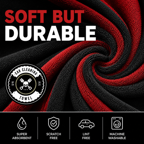 NEATLY L-Classic — 1300GSM Korean Microfiber Drying Towel, 32"×20", Edgeless Satin Border, Compact & Lightweight, Black/Red - Photo 2