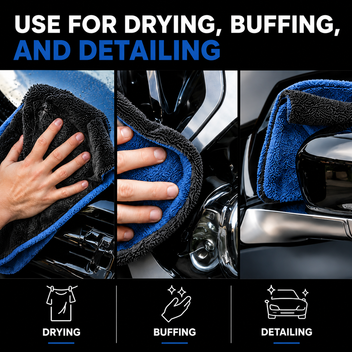 NEATLY XL Pro — 1300GSM Twisted-Loop Car Drying Towel, 36"×28", 940g Heavyweight, 6× More Absorbent, Lint-Free, Zero Water Spots (Black/Blue) - Photo 4