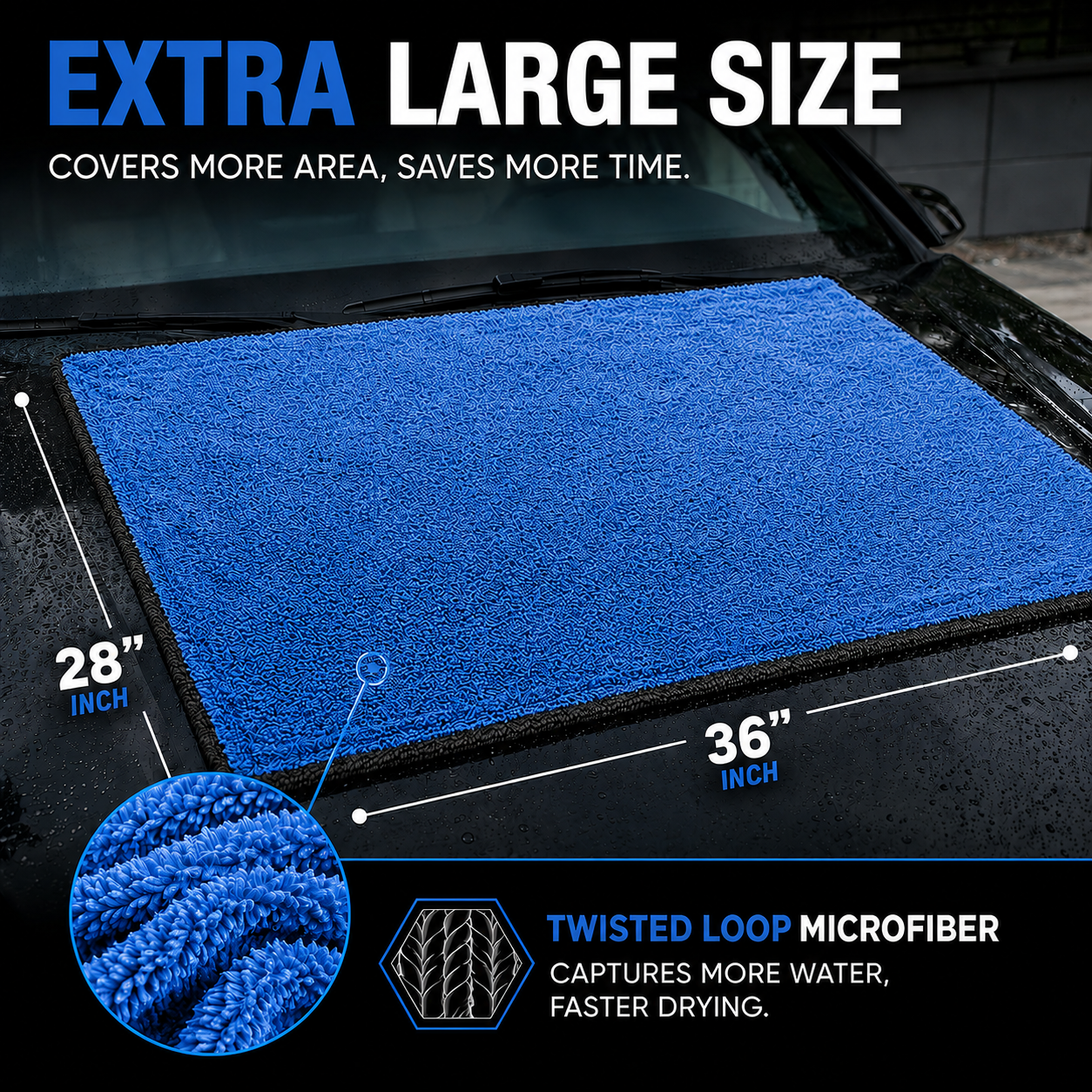 NEATLY XL Pro — 1300GSM Twisted-Loop Car Drying Towel, 36"×28", 820g Heavyweight, 6× More Absorbent, Lint-Free, Zero Water Spots (Black/Blue) - Photo 5