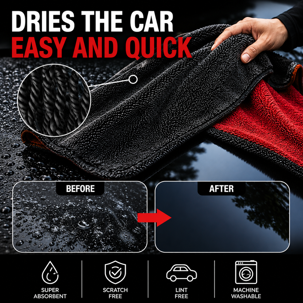 NEATLY L-Classic — 1300GSM Korean Microfiber Drying Towel, 32"×20", Edgeless Satin Border, Compact & Lightweight, Black/Red - Photo 4