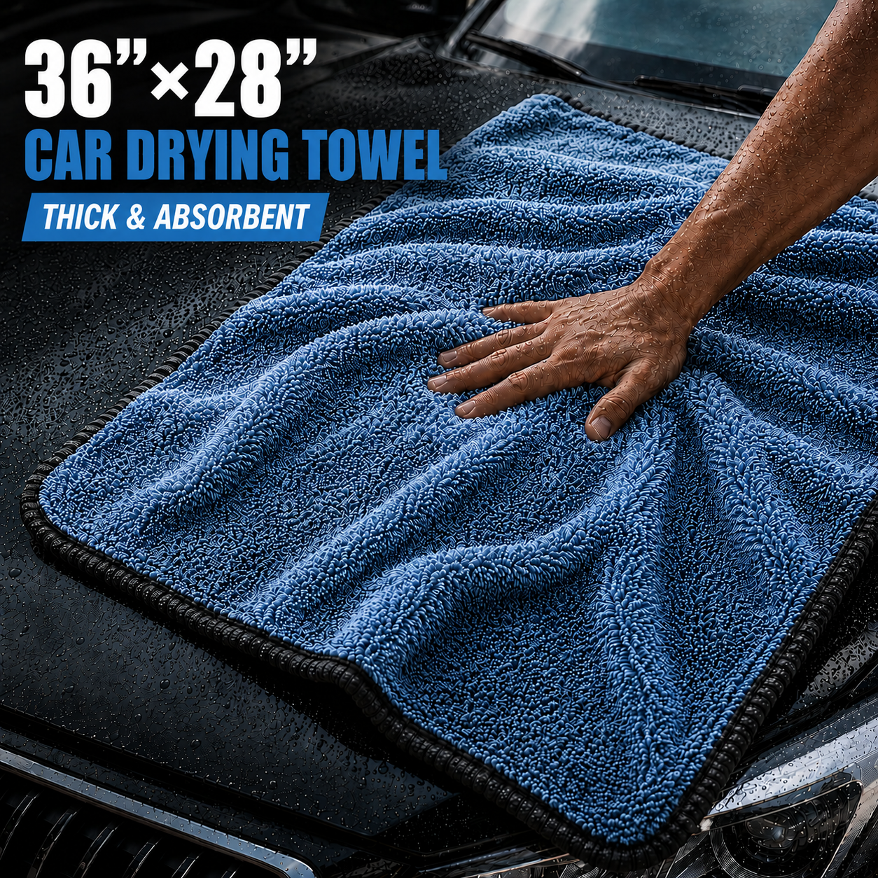 NEATLY XL Pro — 1300GSM Twisted-Loop Car Drying Towel, 36"×28", 820g Heavyweight, 6× More Absorbent, Lint-Free, Zero Water Spots (Black/Blue) - Photo 1