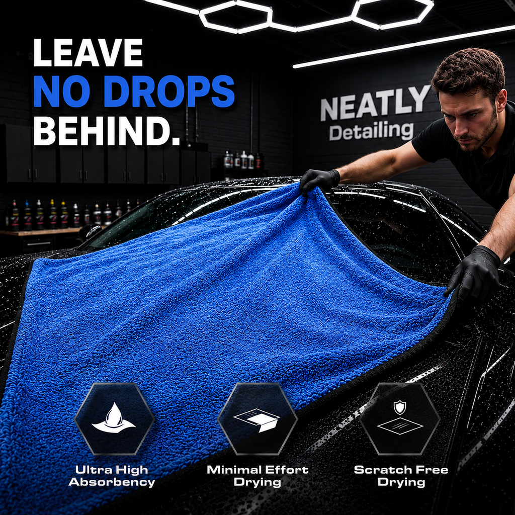NEATLY XL Pro — 1300GSM Twisted-Loop Car Drying Towel, 36"×28", 820g Heavyweight, 6× More Absorbent, Lint-Free, Zero Water Spots (Black/Blue) - Photo 6