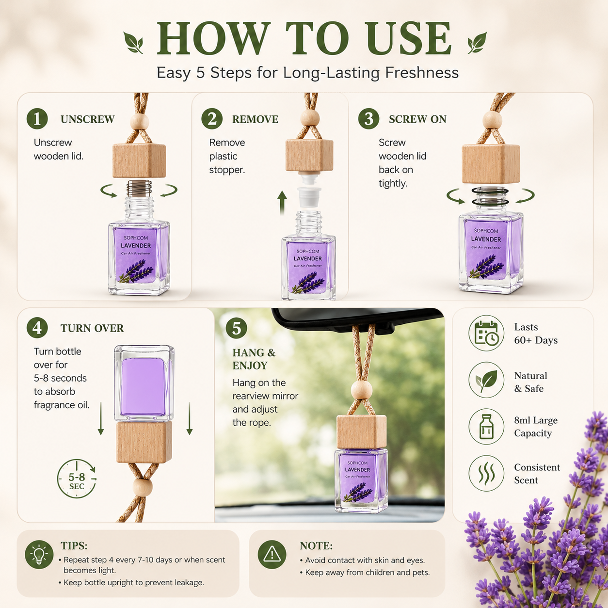 5-Pack Car Air Freshener Gift Set — 5 Signature Scents, 60+ Day Long Lasting Diffuser, Natural Extract, Alcohol-Free - Photo 6