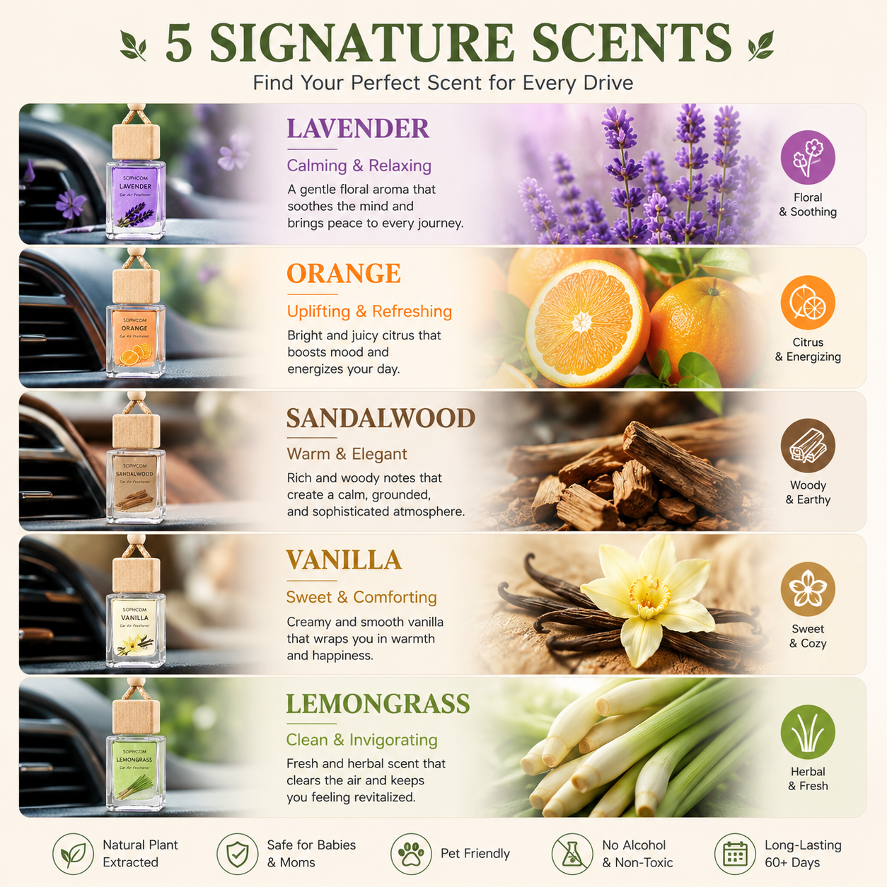 5-Pack Car Air Freshener Gift Set — 5 Signature Scents, 60+ Day Long Lasting Diffuser, Natural Extract, Alcohol-Free - Photo 7
