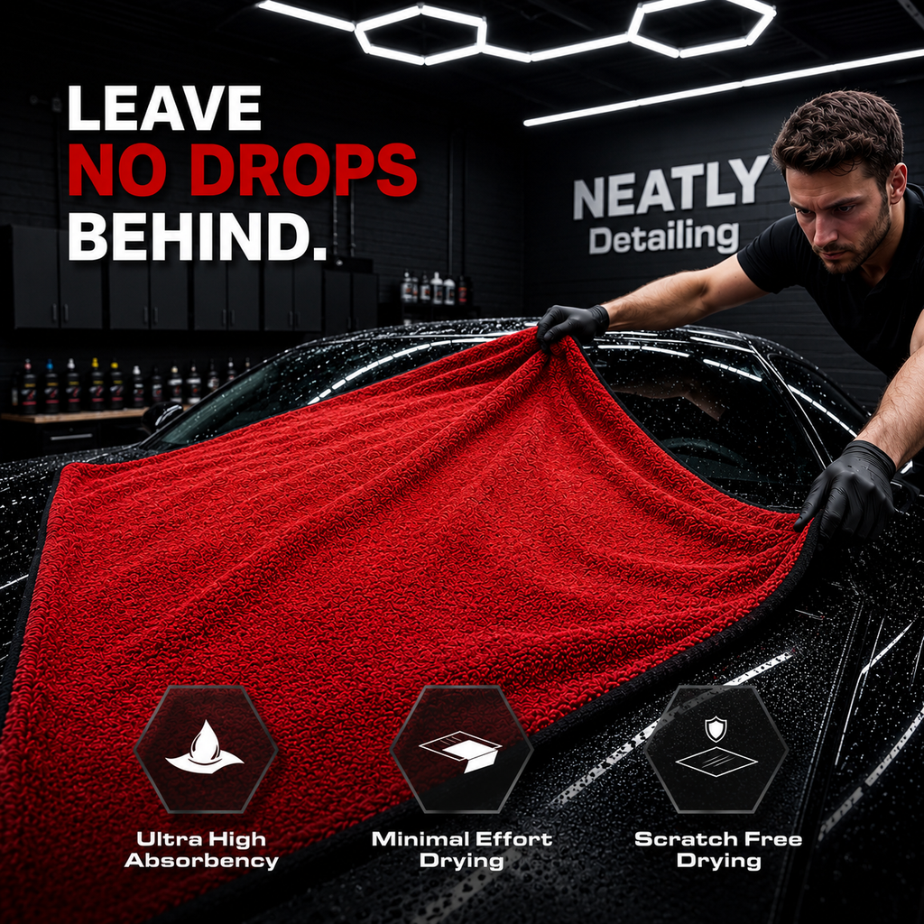 NEATLY L-Classic — 1300GSM Korean Microfiber Drying Towel, 32"×20", Edgeless Satin Border, Compact & Lightweight, Black/Red - Photo 6