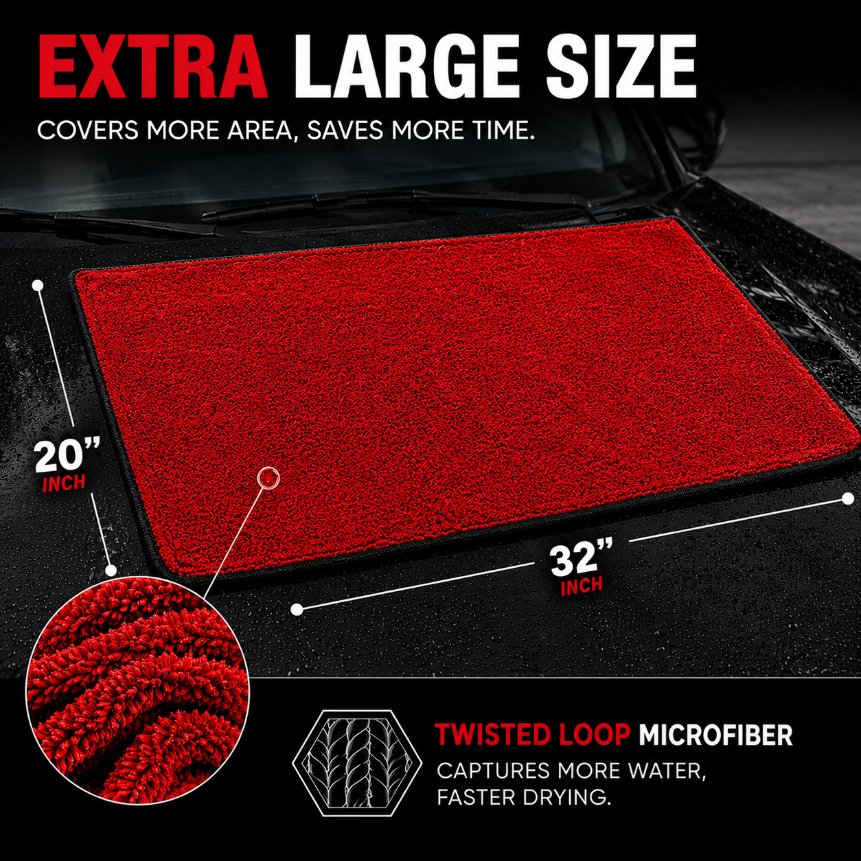 NEATLY L-Classic — 1300GSM Korean Microfiber Drying Towel, 32"×20", Edgeless Satin Border, Compact & Lightweight, Black/Red - Photo 7