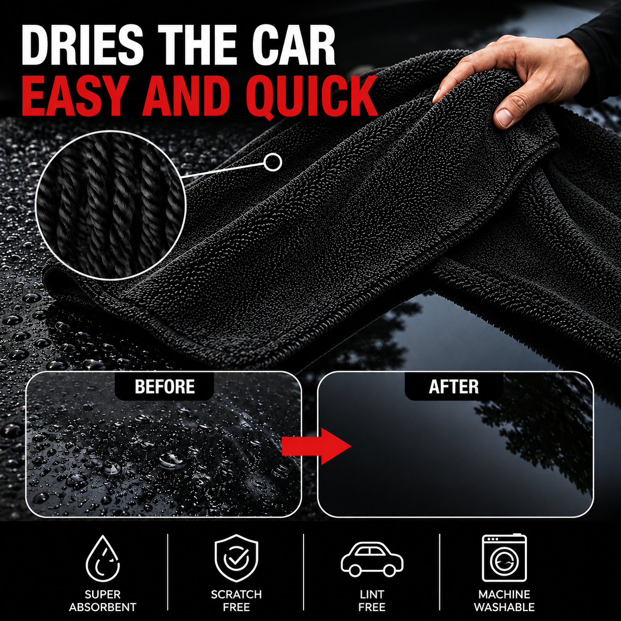 NEATLY XL Pro — 1300GSM Twisted-Loop Car Drying Towel, 36"×28", 820g Heavyweight, 6× More Absorbent, Lint-Free, Zero Water Spots (Black) - Photo 4