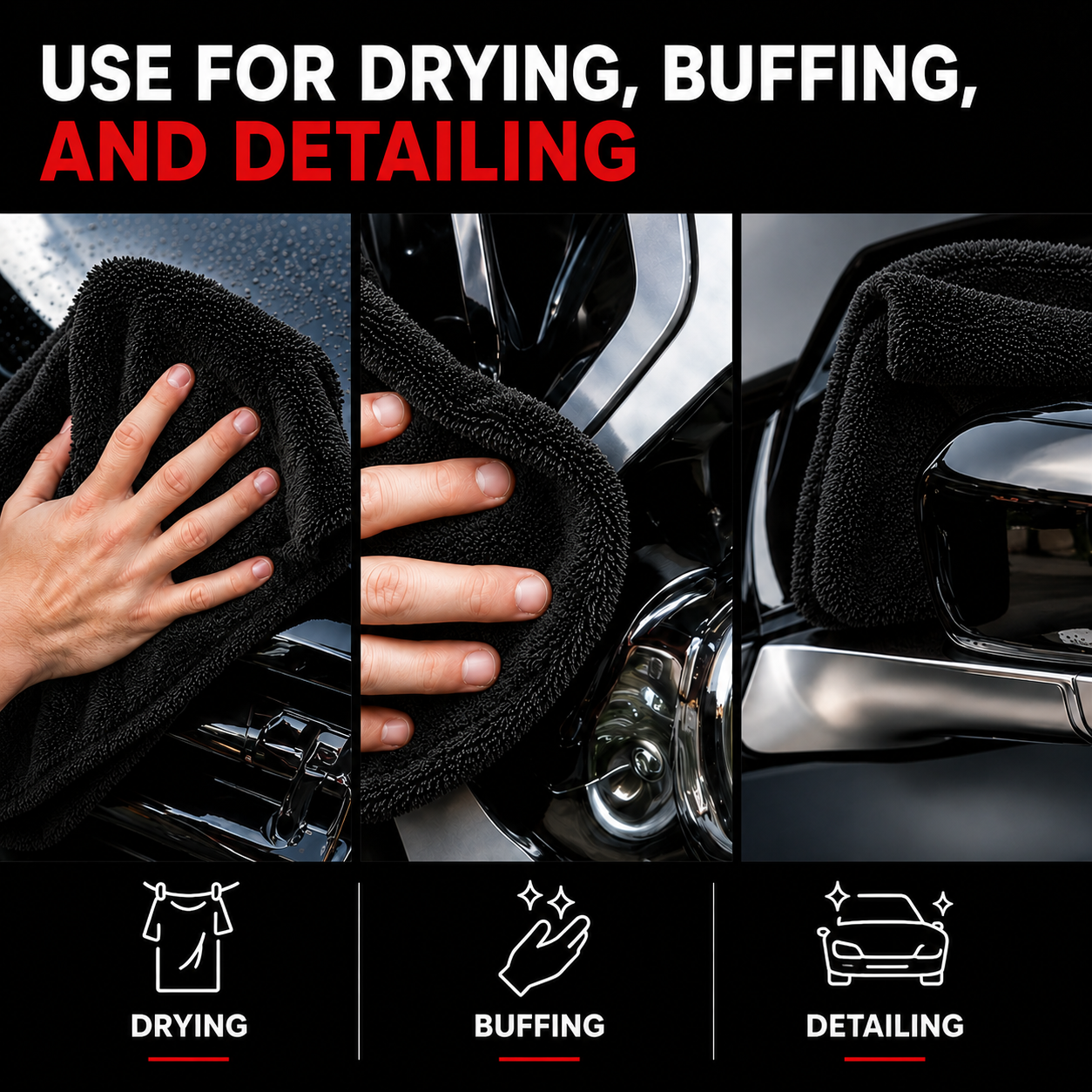 NEATLY XL Pro — 1300GSM Twisted-Loop Car Drying Towel, 36"×28", 820g Heavyweight, 6× More Absorbent, Lint-Free, Zero Water Spots (Black) - Photo 5