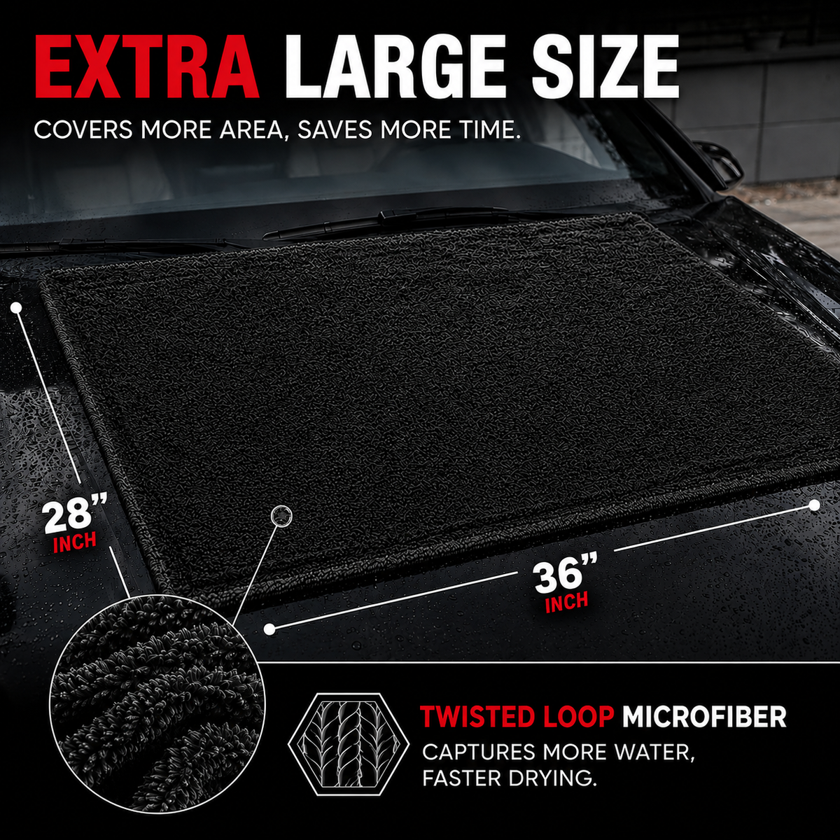 NEATLY XL Pro — 1300GSM Twisted-Loop Car Drying Towel, 36"×28", 940g Heavyweight, 6× More Absorbent, Lint-Free, Zero Water Spots (Black) - Photo 6