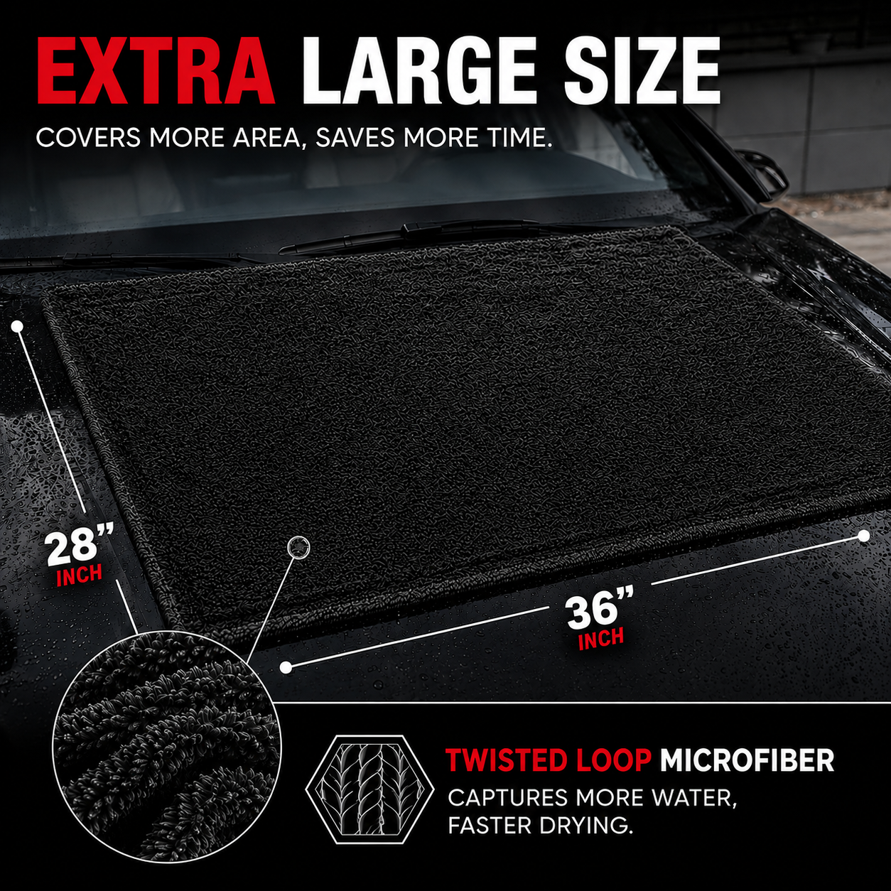 NEATLY XL Pro — 1300GSM Twisted-Loop Car Drying Towel, 36"×28", 820g Heavyweight, 6× More Absorbent, Lint-Free, Zero Water Spots (Black) - Photo 6