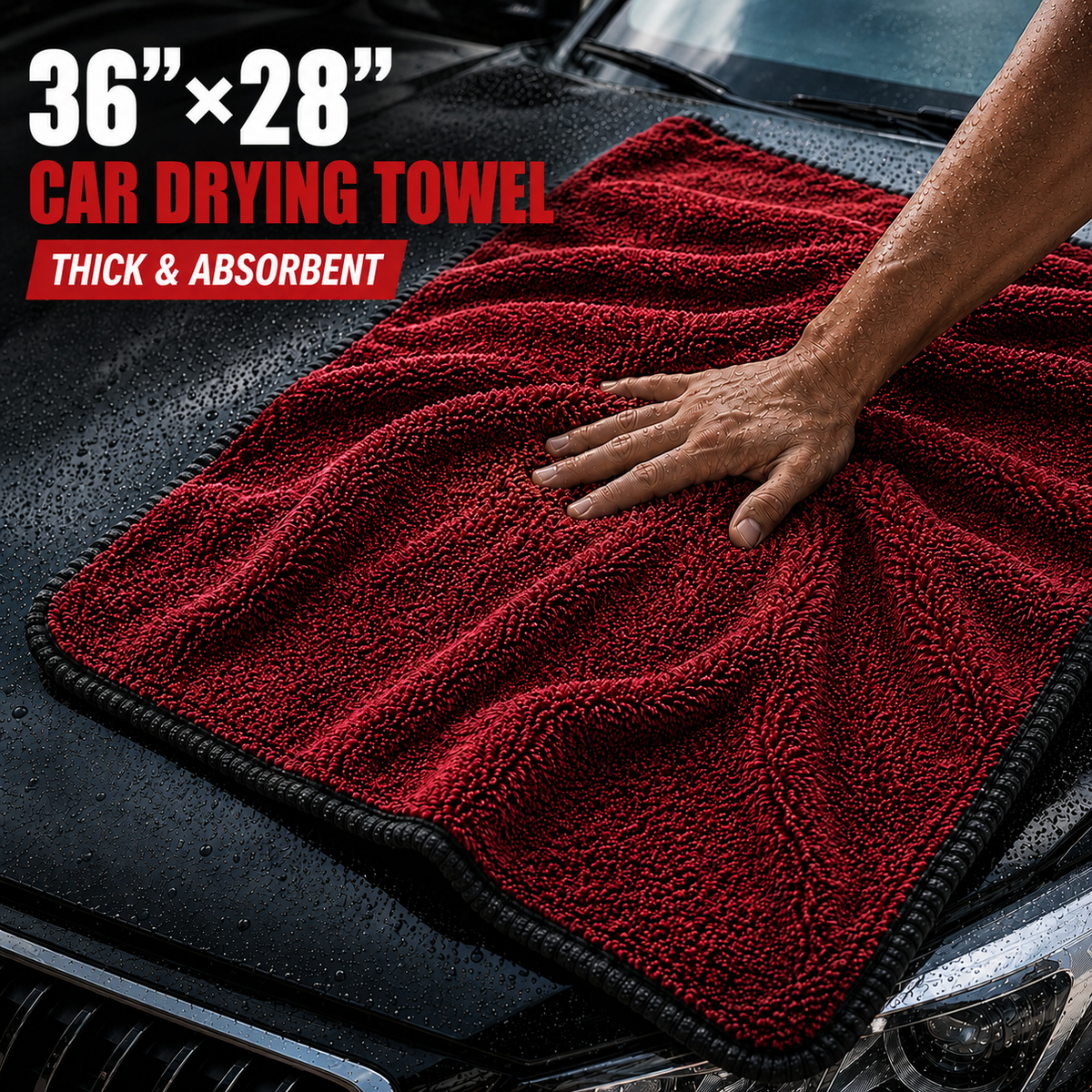 NEATLY XL Pro — 1300GSM Microfiber Drying Towel, 36"×28", 940g, Edgeless Satin Border, 500+ Wash Durability (Black/Red) - Photo 1