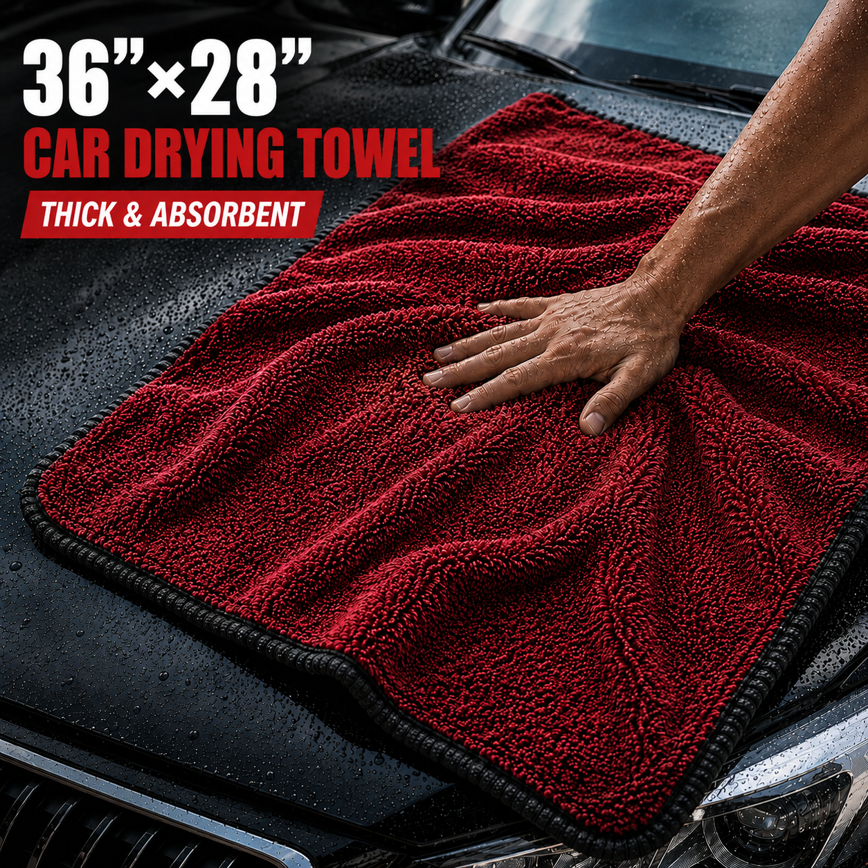 NEATLY XL Pro — 1300GSM Korean Microfiber Drying Towel, 36"×28", 820g, Edgeless Satin Border, 500+ Wash Durability (Black/Red)