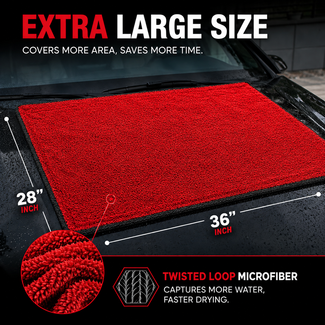 NEATLY XL Pro — 1300GSM Korean Microfiber Drying Towel, 36"×28", 820g, Edgeless Satin Border, 500+ Wash Durability (Black/Red)